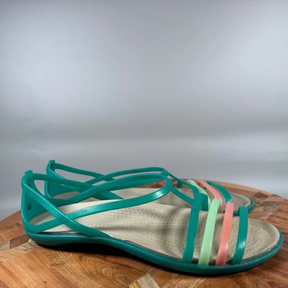 Crocs Isabella Strappy Sandals Teal Multi Color Women Size 5 Flat Jelly Shoes
